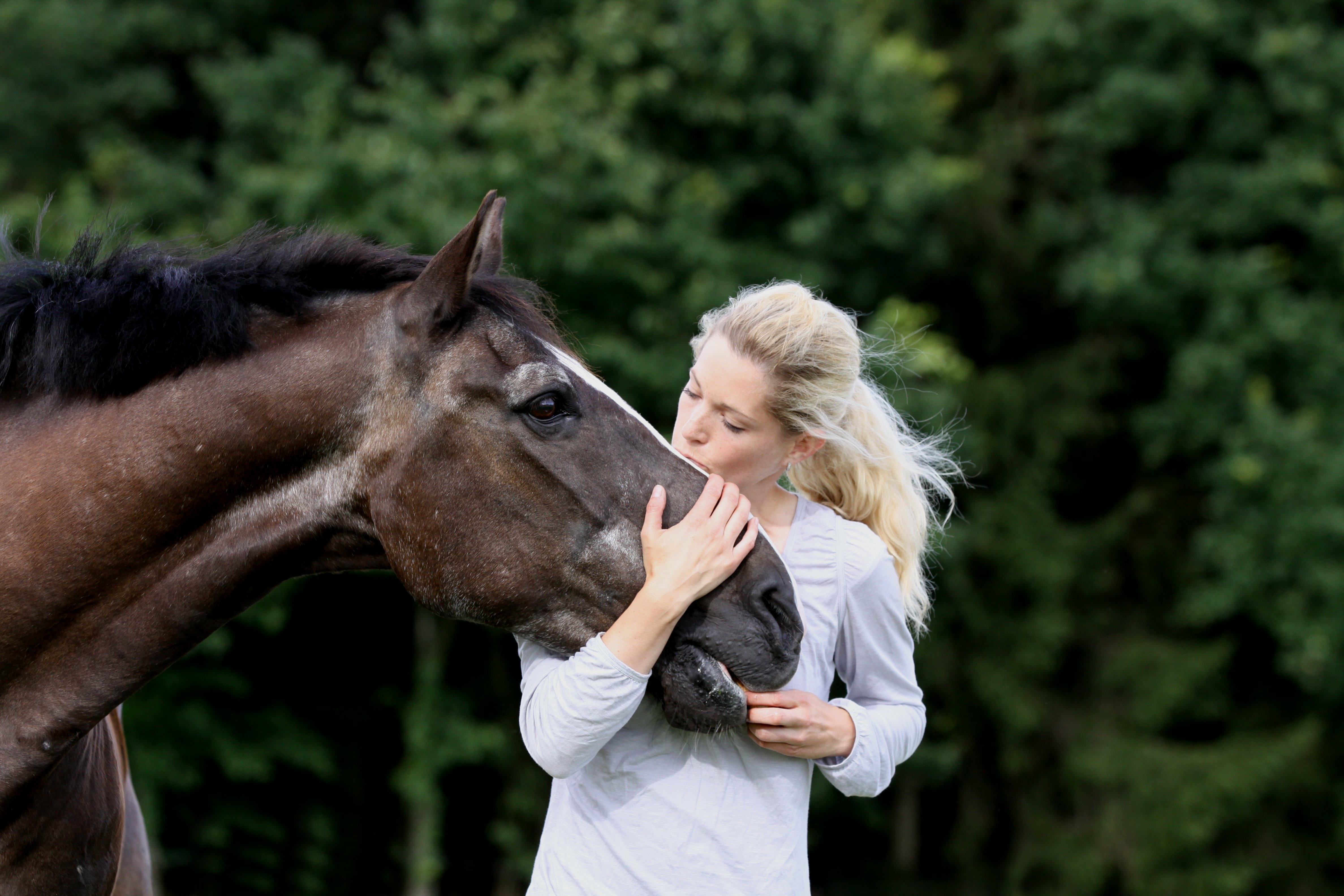 A woman hugging the head of a senior horse