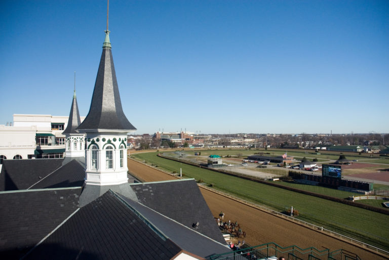 Aerial view of Churchill Downs' twin spires