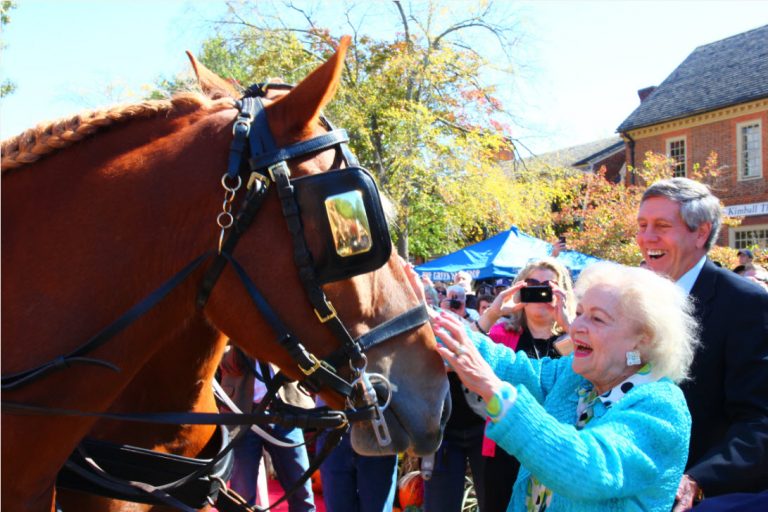 Betty White greeting a carriage horse