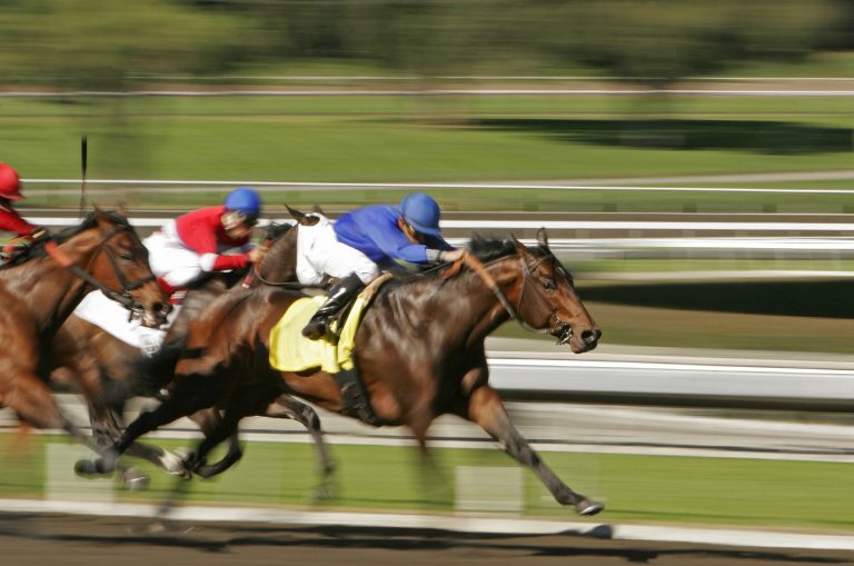 Three racehorses head toward the wire