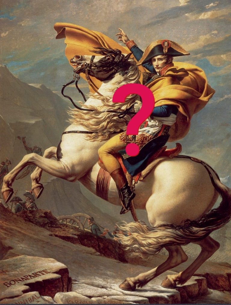 David's Napoleon Crossing the Alps (public doain) with question mark