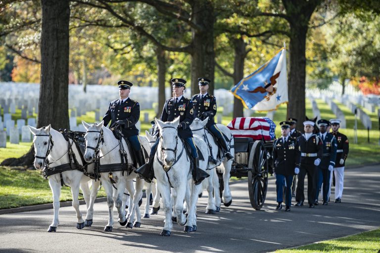 The 3d U.S. Infantry Regiment (The Old Guard) Caisson Platoon and an Armed Forces Body Bearer Team honor the late Gen. (ret.) Colin Powell during a special military funeral at Arlington National Cemetery, Arlington, Virginia, Nov. 5, 2021. (U.S. Army photo by Elizabeth Fraser / Arlington National Cemetery)