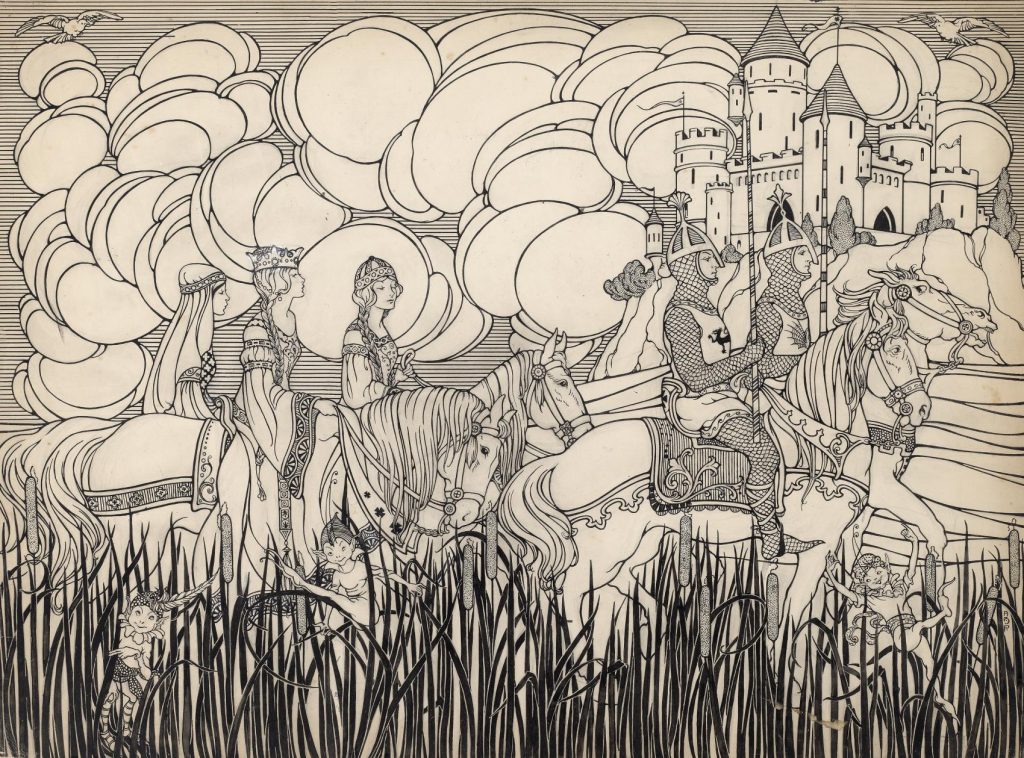 Children's book illustration of knights and ladies on horses