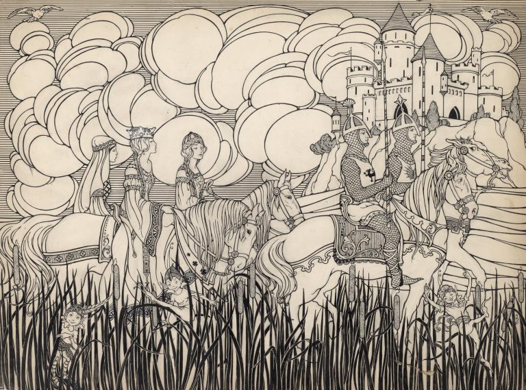 Children's book illustration of knights and ladies on horses