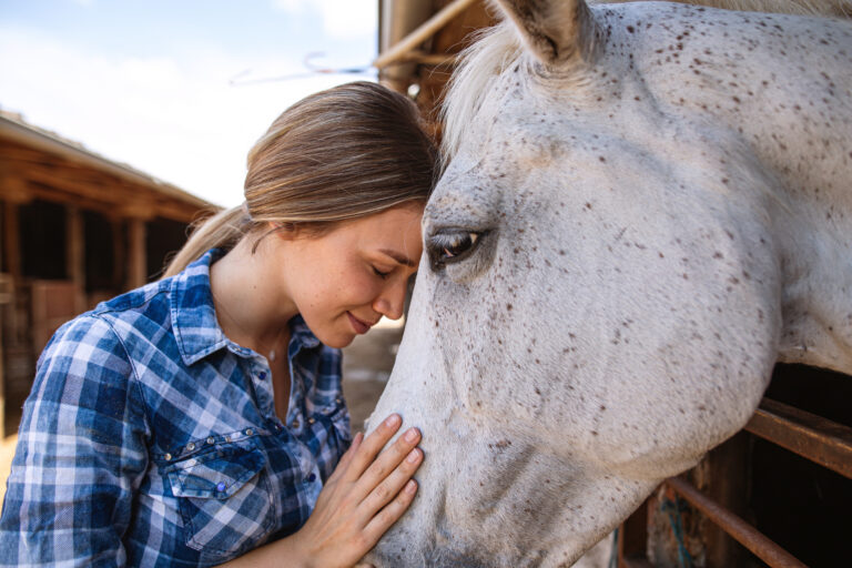 Young woman in plaid shirt enjoying her time spent with her horse at the stable.