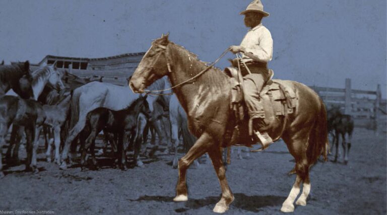 Sepia toned image of Black cowboy set against blue-tinted background