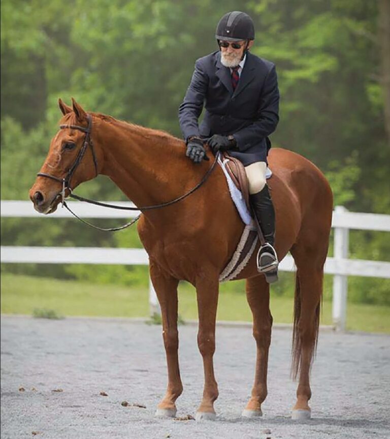 Older gentleman in show clothes sitting on chestnut horse