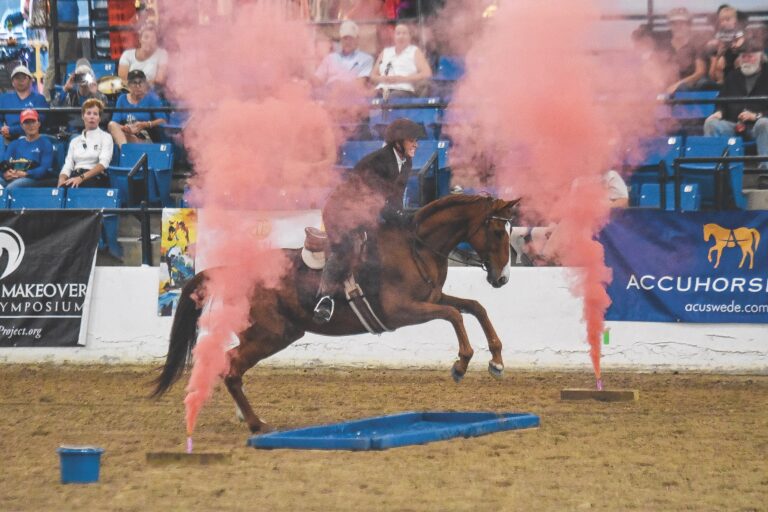 Horse and rider jumping through an obstacle with flares going off on either side