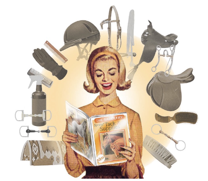 Vintage-style illustration of woman browsing through tack catalog