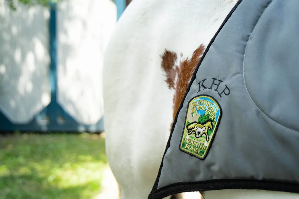 Paint Horse with a gray blanket with the Kentucky Horse Park police badge