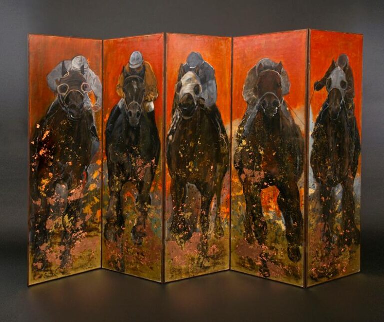 Five-panel painting of racing horses