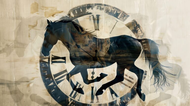 Illustration of galloping horse overlaid against image of vintage clock