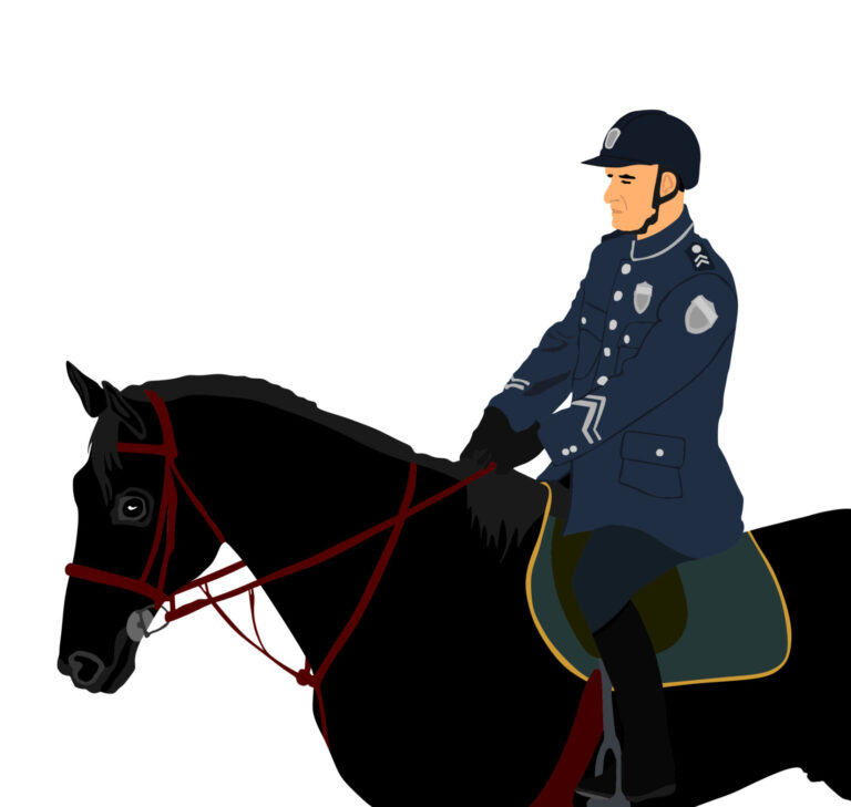 Illustration of mounted policeman and police horse