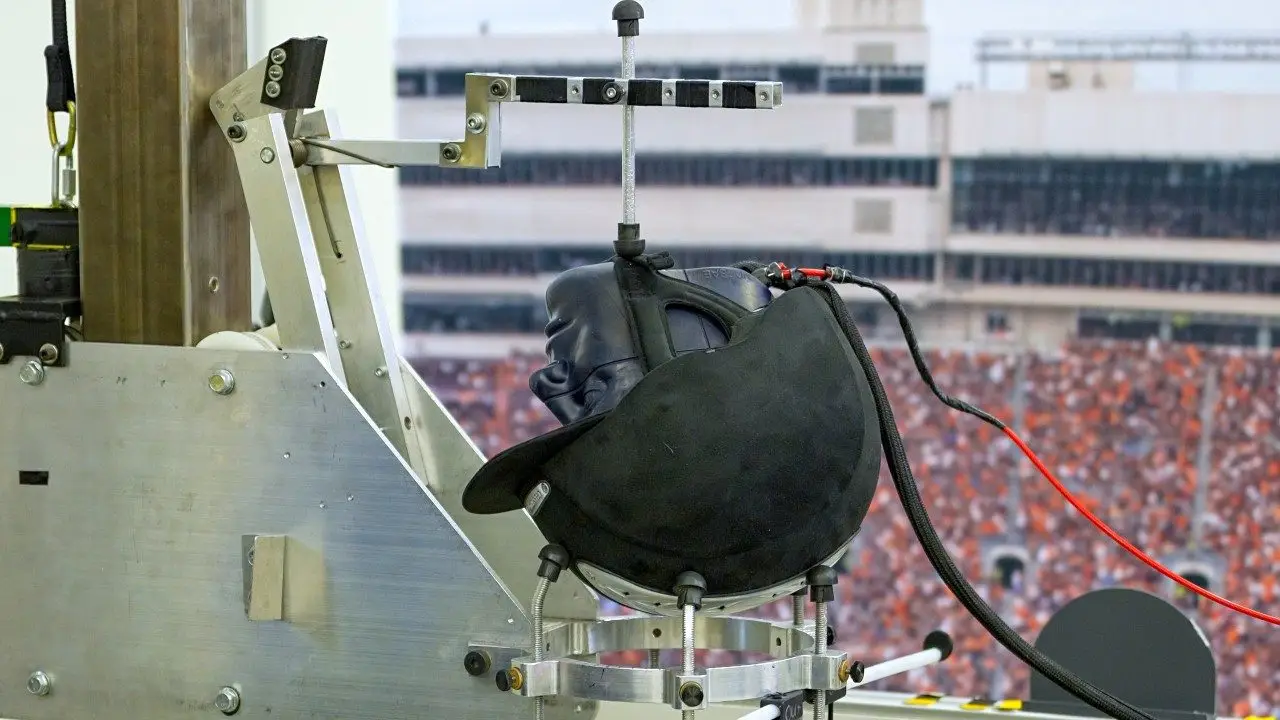 Riding helmet undergoing testing at Virginia Tech Helmet Lab
