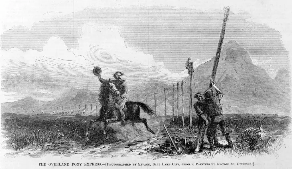 Historic lithograph of Pony Express rider and horse passing a telegraph line crew