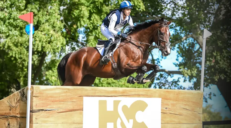 Event hrose and rider clearing cross-country jump with H& C banner