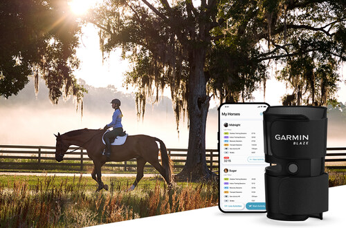 Image of horse and rider walking in the distance with closeup of Blaze wellness device in foregrouns