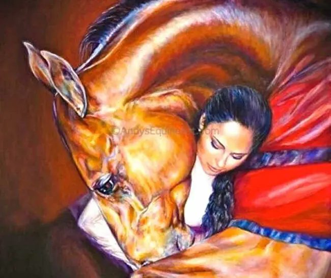 Painting of bsay horse with red sheet curving neck around head and shoulders if dark haired woman