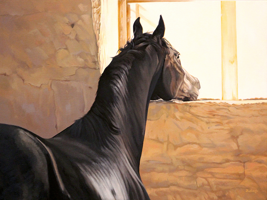 Painting of dark brown horse looking out stall window with sunlight streaming in