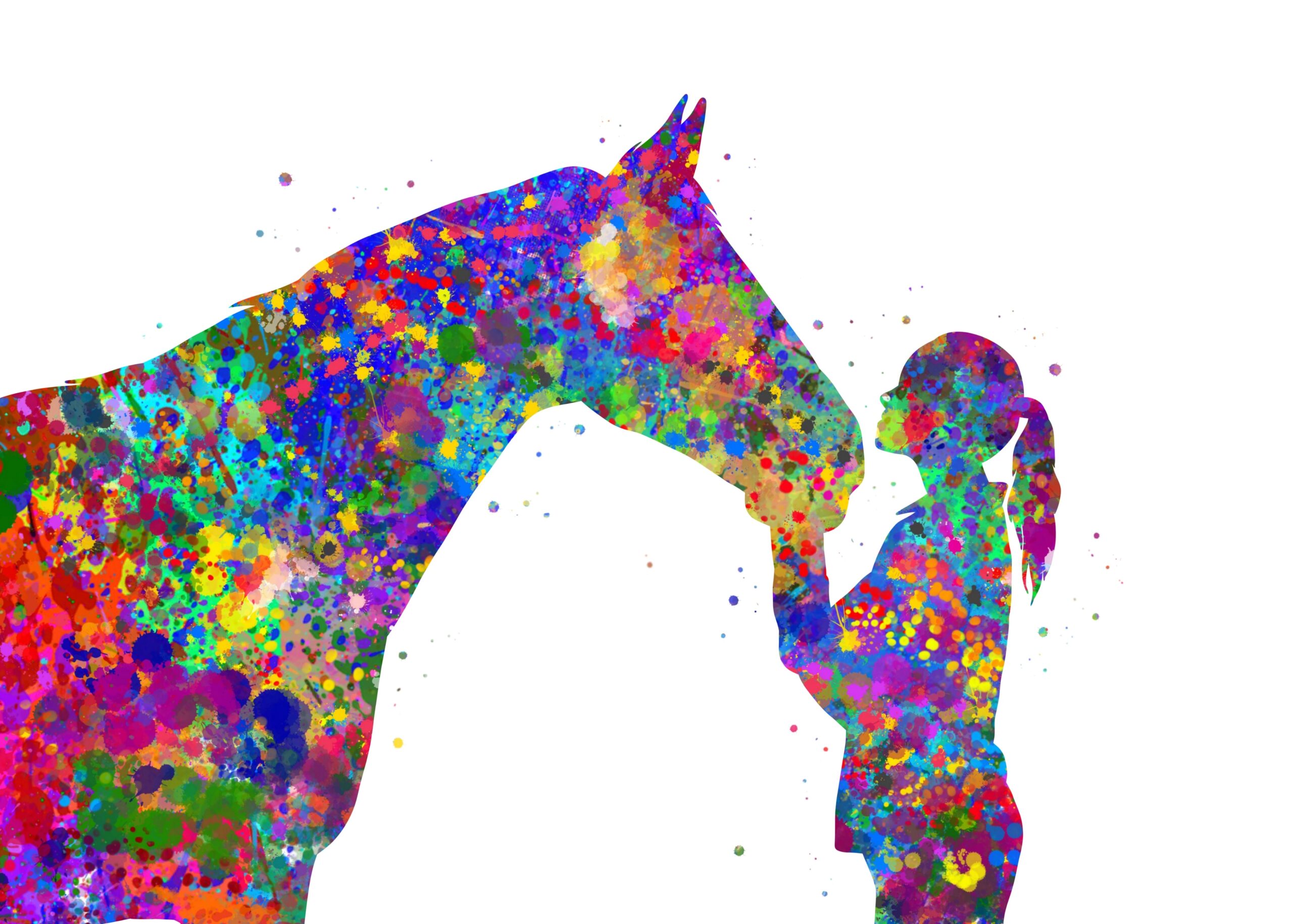 Girl with horse animal watercolor, abstract painting. Watercolor illustration rainbow, colorful, decoration wall art