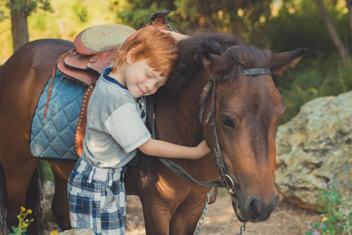 Red-haired boy smiles as he hugs small bay horse/pony with Western saddle against wooded backdrop