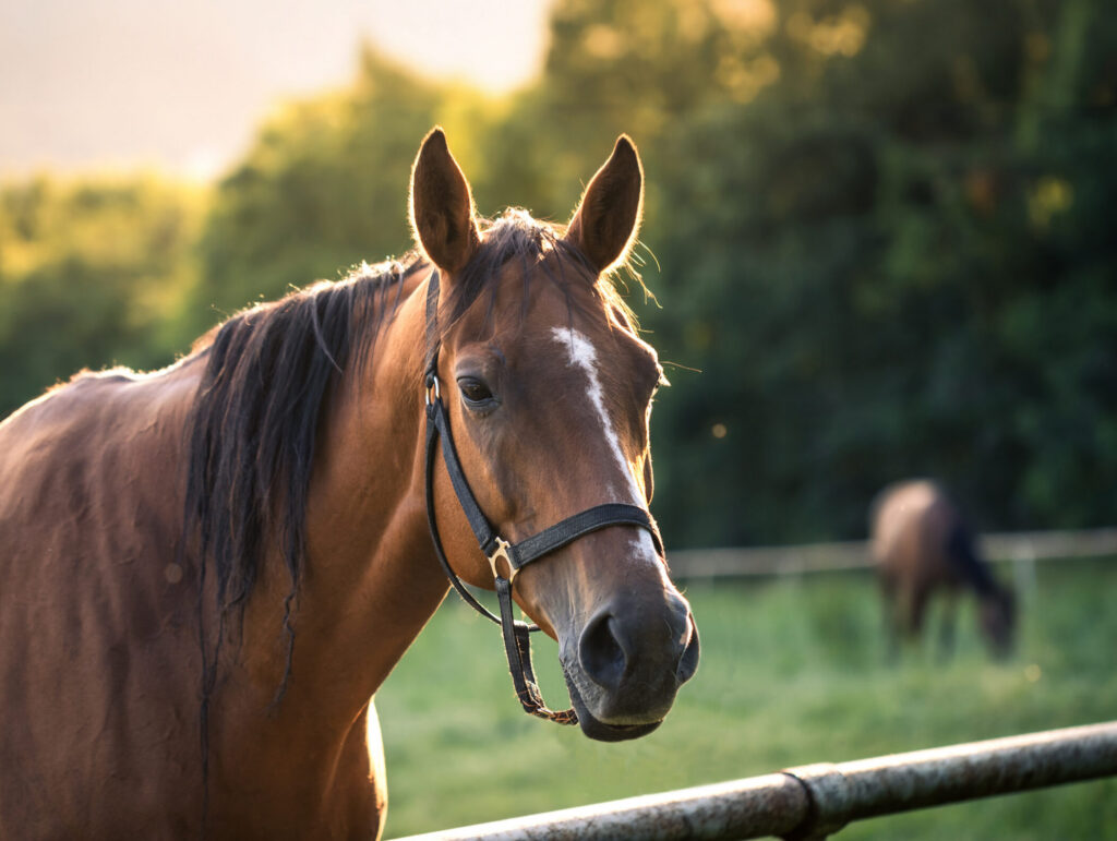 Bay horse with halter hanging head over fence with another brown/bay horse in background