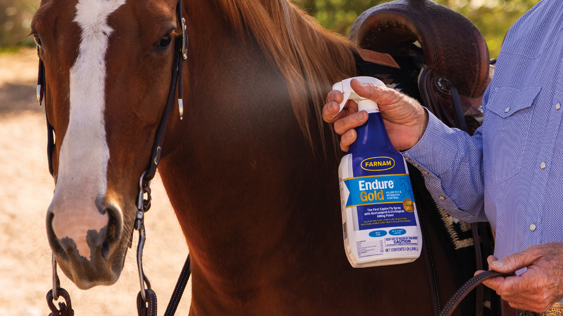 Image of a sorrel horse with blaze and a bottle of Endure Gold being sprayed.