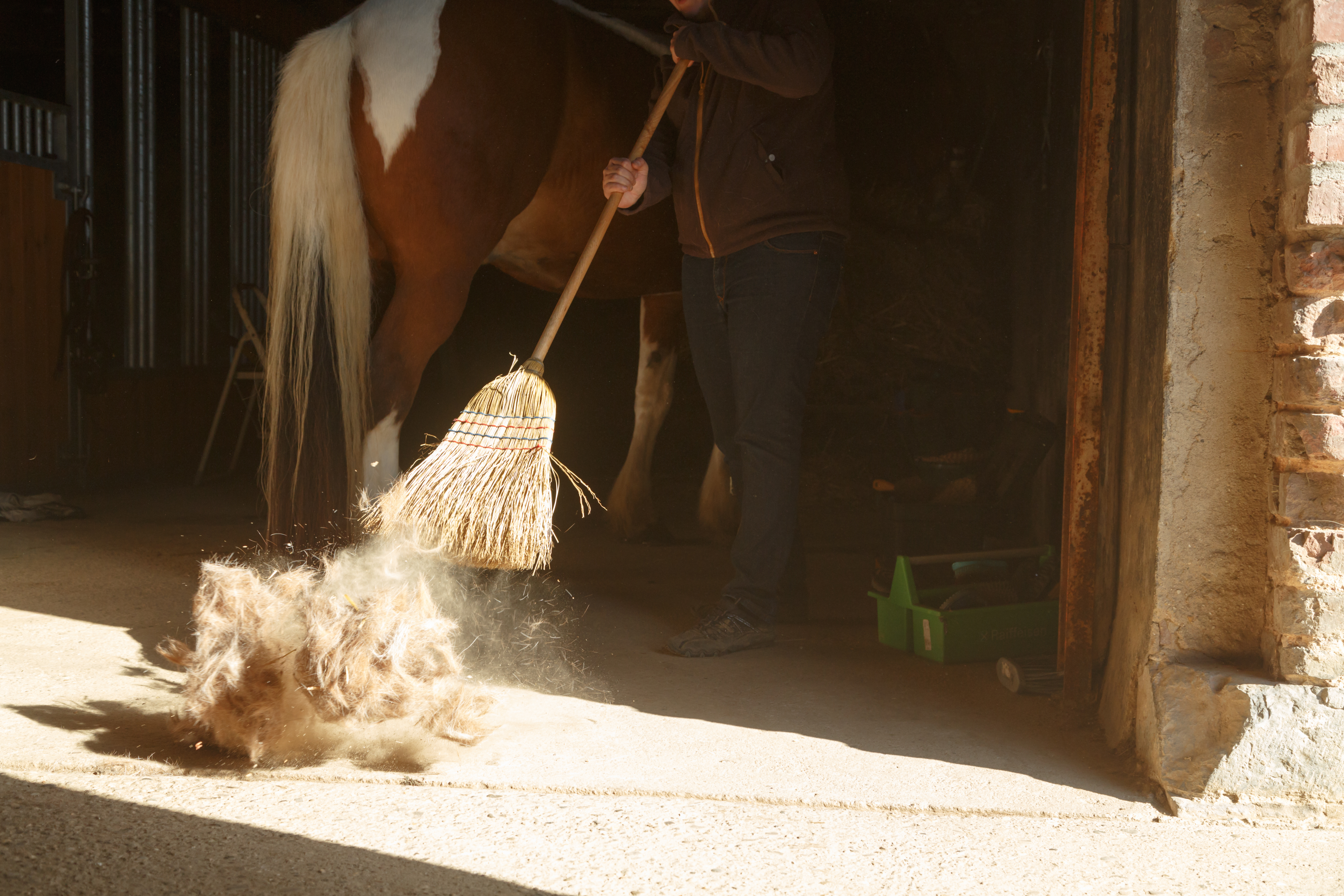 A person sweeping hair out of a barn with a horse visible in the background