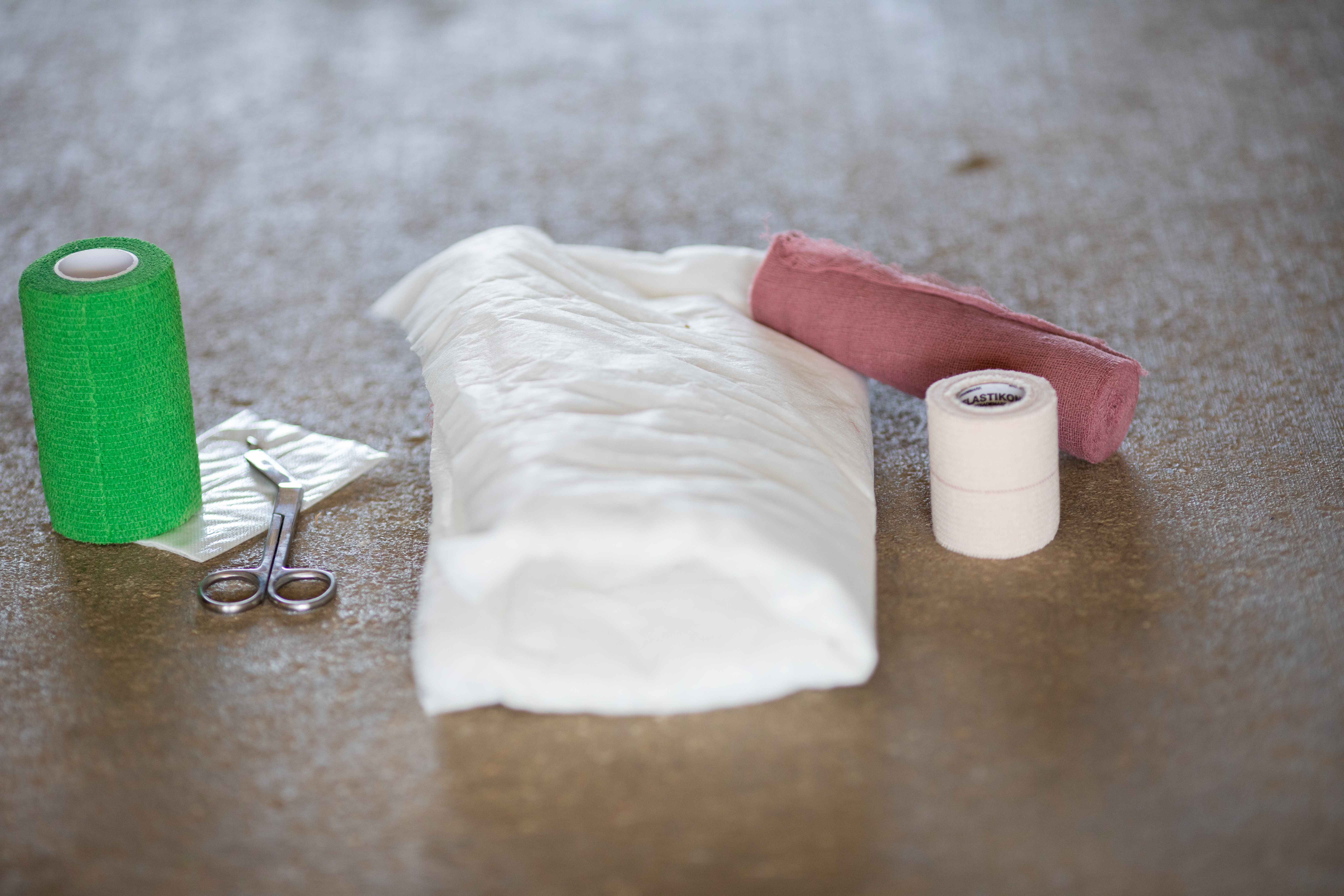 Barn medicine chest supplies such as gauze, scissors and vet wrap,


