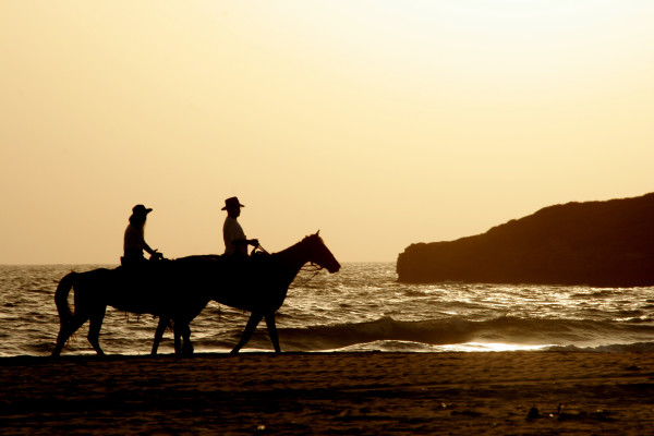Two horseback riders on the beach at sunset. 